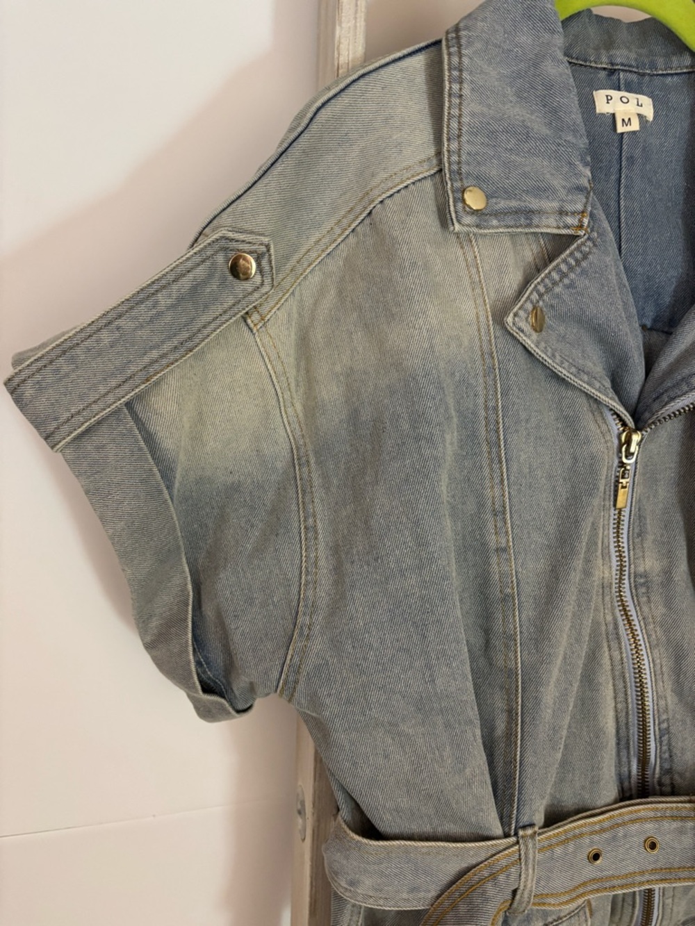 POL Short-Sleeve Washed Gray Denim Moto Jacket, cropped, oversized, modern, edgy - Picture 3 of 11